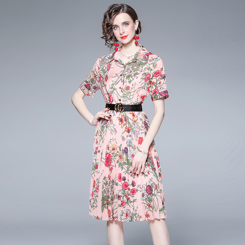 Elegant printing flowers summer crimp dress for women