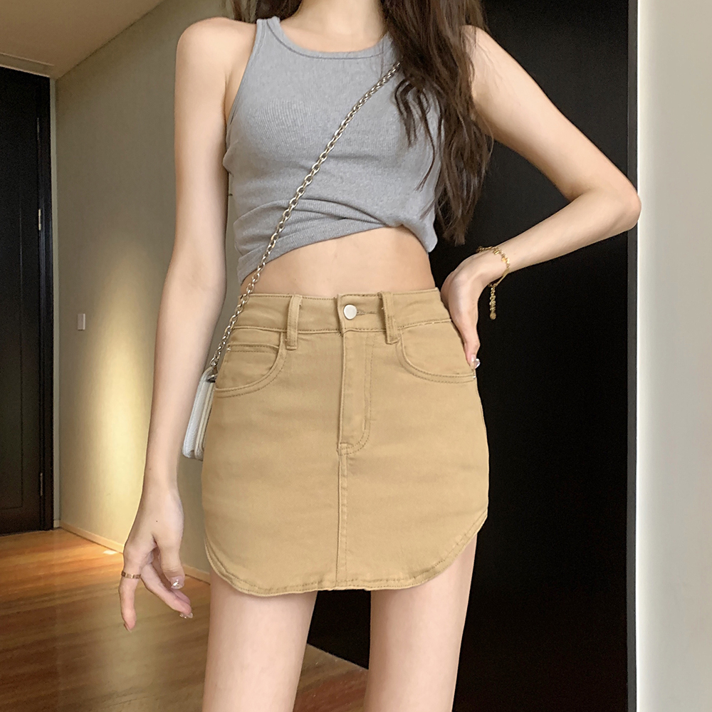 Slim package hip skirt arc edge summer denim skirt