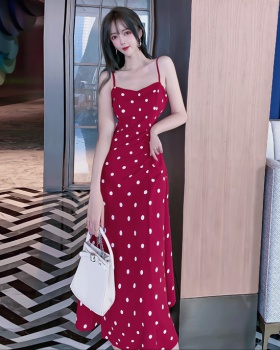 France style polka dot long dress summer strap dress