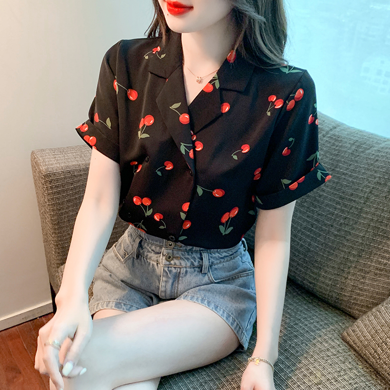 Unique France style floral shirt cherry V-neck tops for women