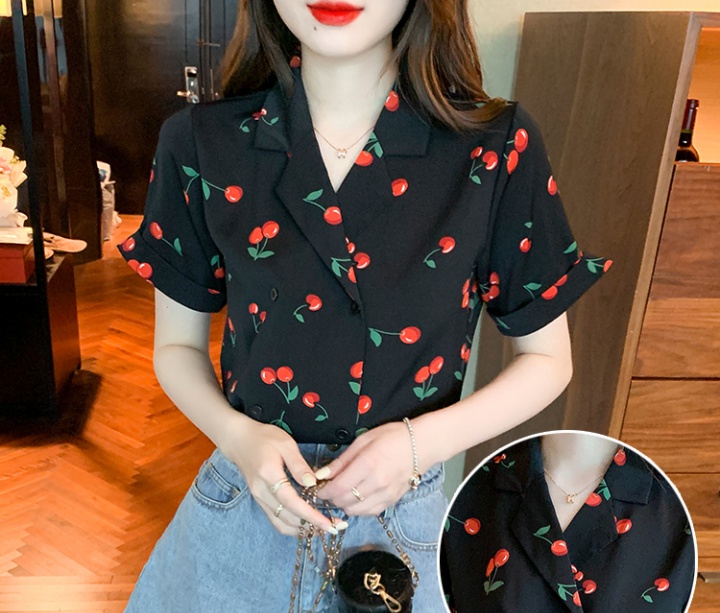 Unique France style floral shirt cherry V-neck tops for women