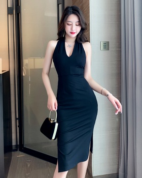 France style black slim halter summer V-neck dress