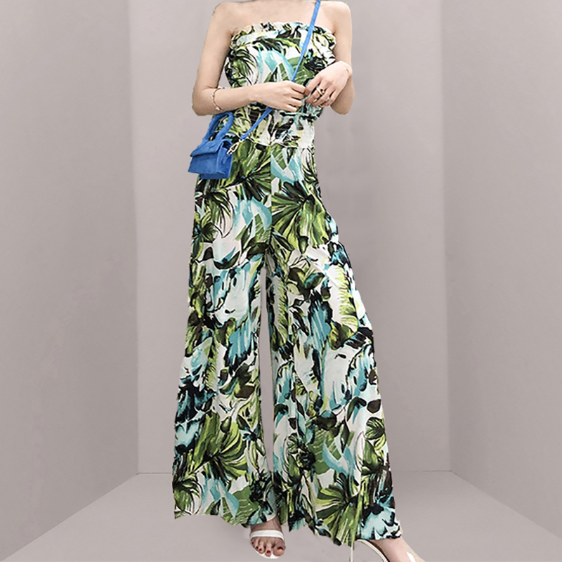 Summer flowers printing wrapped chest wide leg long pants