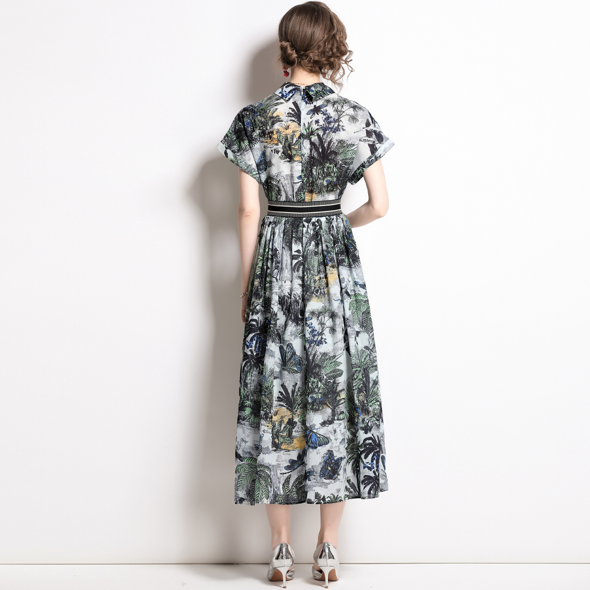Lined printing pinched waist cotton lapel dress