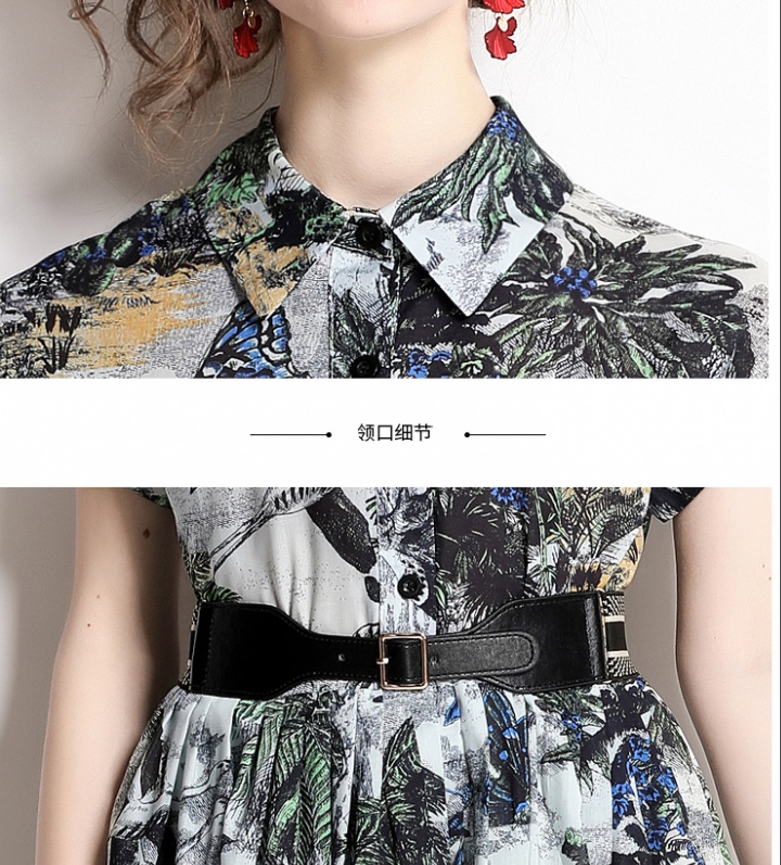 Lined printing pinched waist cotton lapel dress