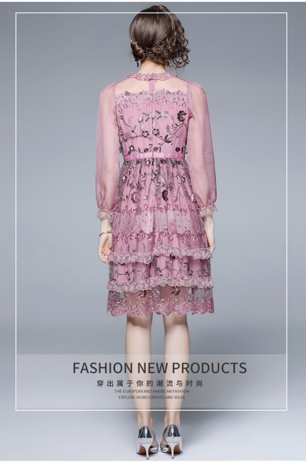 Pinched waist embroidery temperament cake lace dress