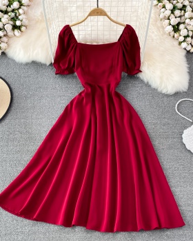Retro square collar slim summer red pinched waist dress