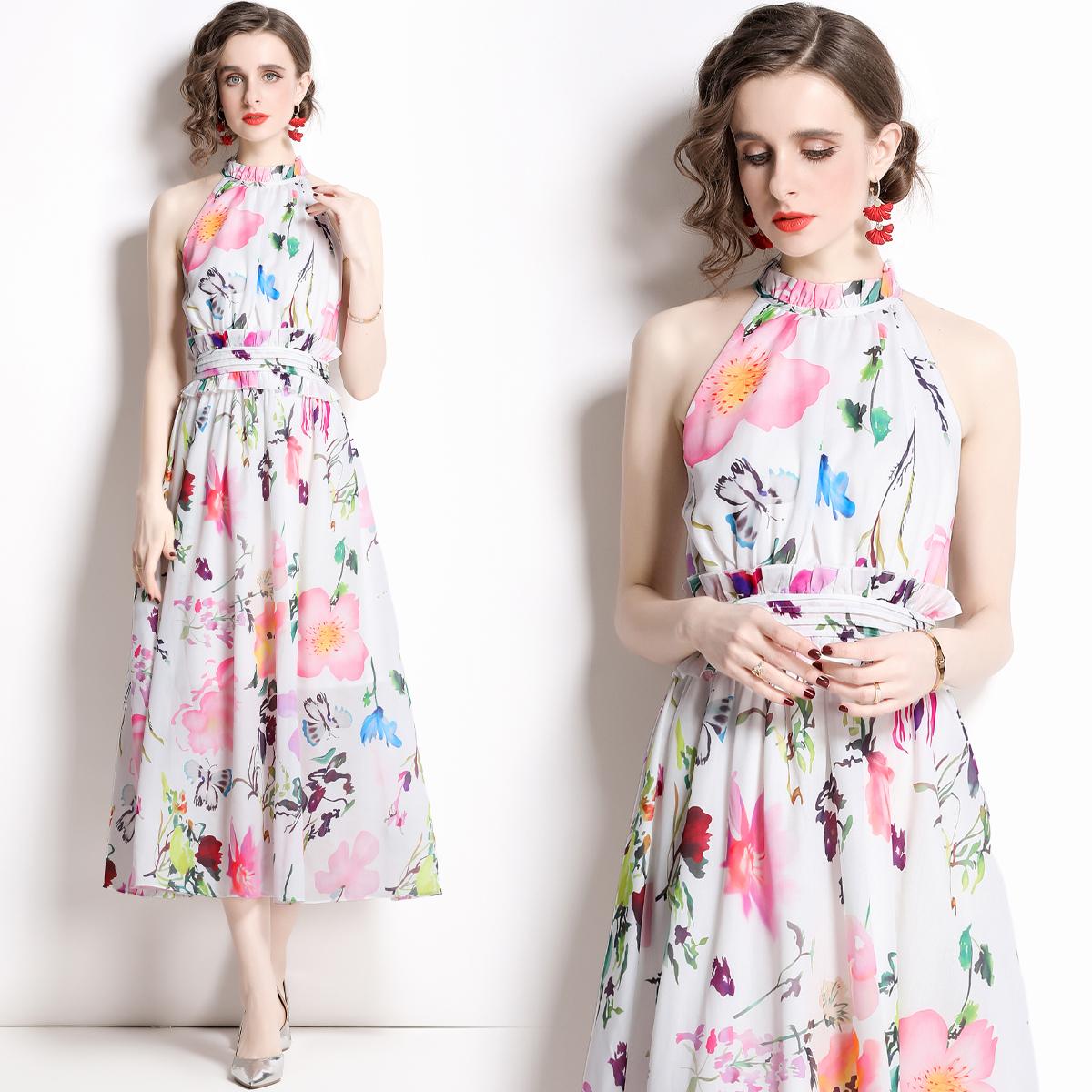 Summer printing long dress wood ear sleeveless dress