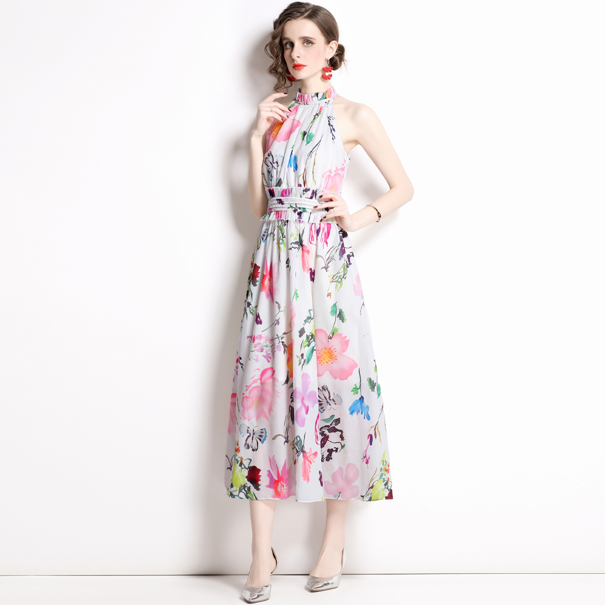 Summer printing long dress wood ear sleeveless dress