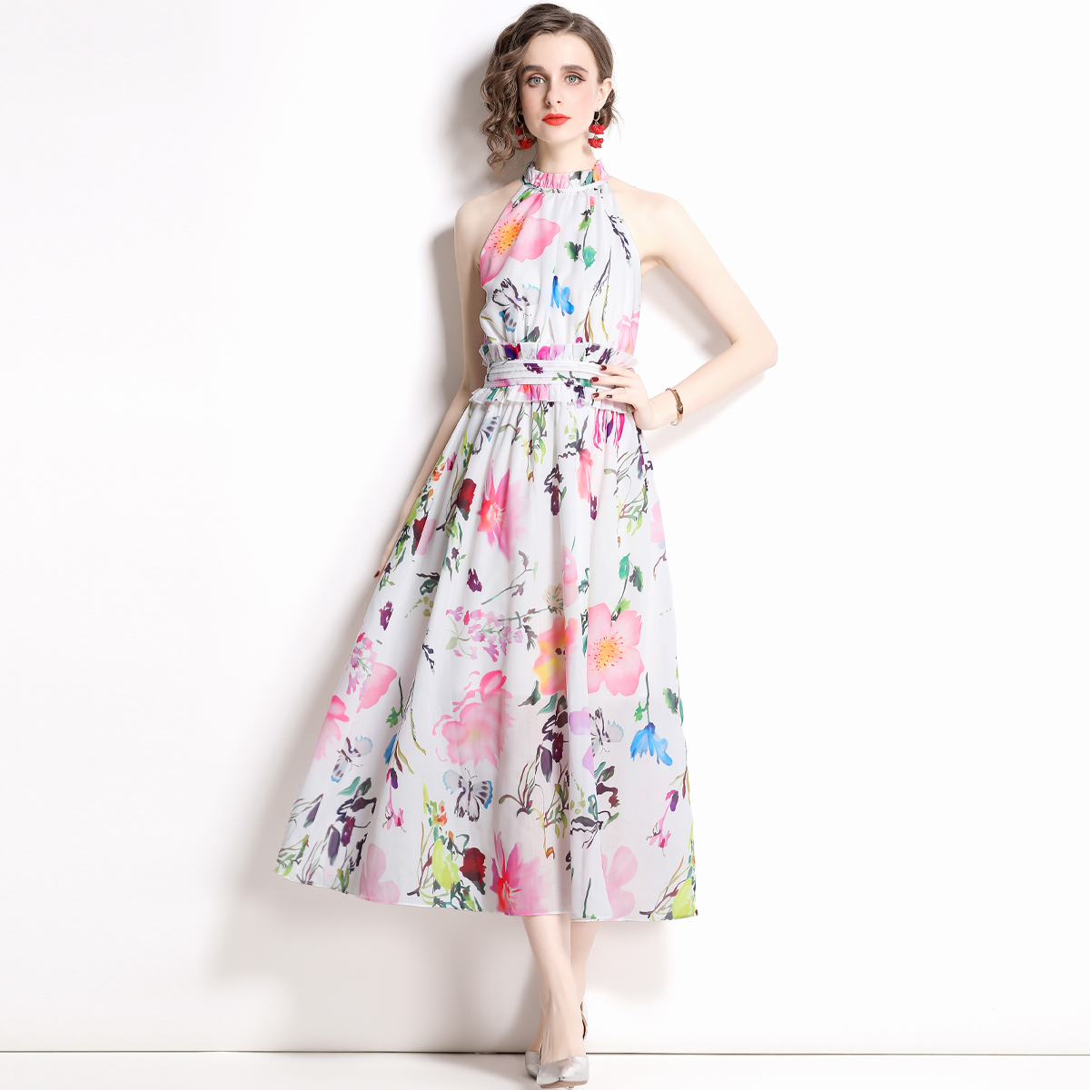 Summer printing long dress wood ear sleeveless dress