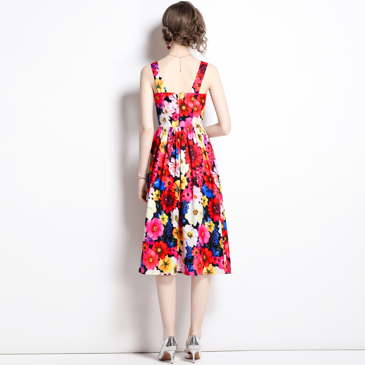 Sling halter cotton printing spring flat shoulder dress