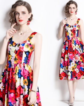 Sling halter cotton printing spring flat shoulder dress