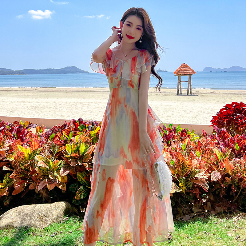 Beautiful chiffon tie dye seaside irregular dress