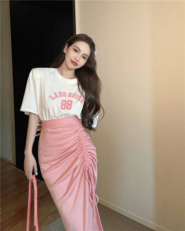 High waist slim fold T-shirt letters printing skirt 2pcs set