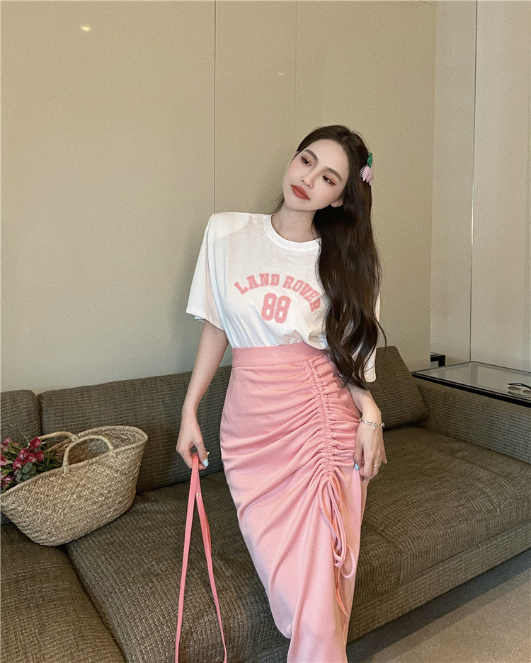 High waist slim fold T-shirt letters printing skirt 2pcs set