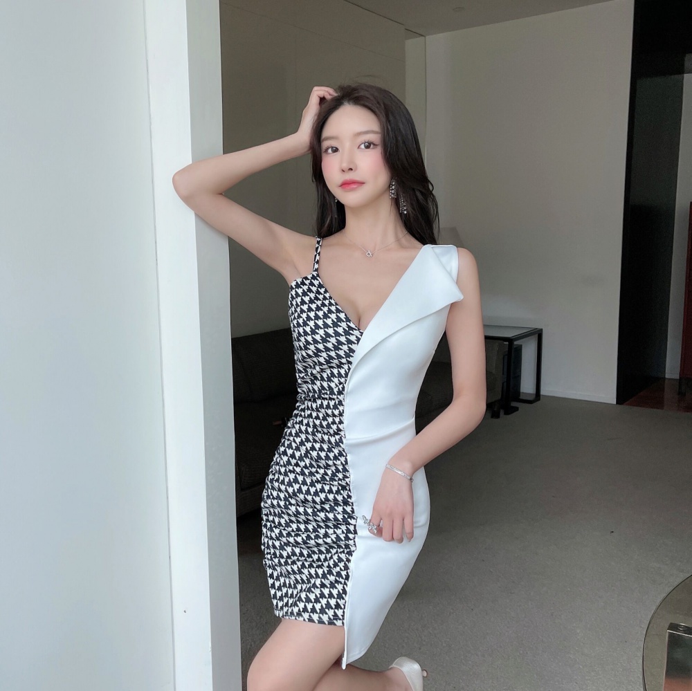 Black-white sexy irregular dress plaid vacation strap dress