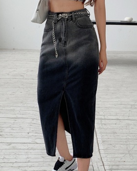Gradient high waist with chain belt denim long split skirt