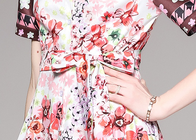 Pinched waist printing slim all-match fashion with belt dress