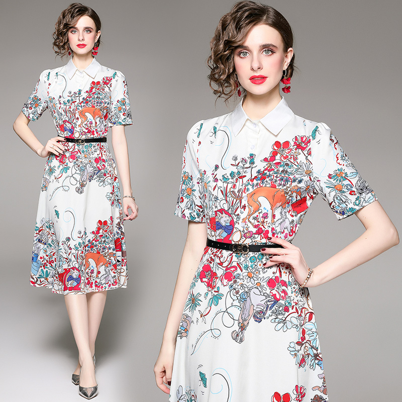 Pinched waist fashion all-match printing dress