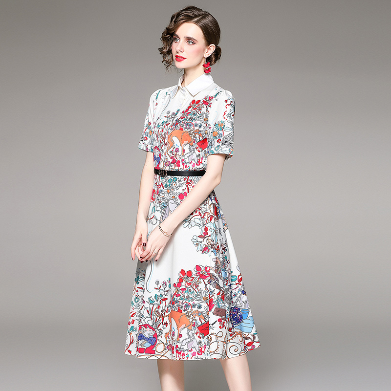 Pinched waist fashion all-match printing dress