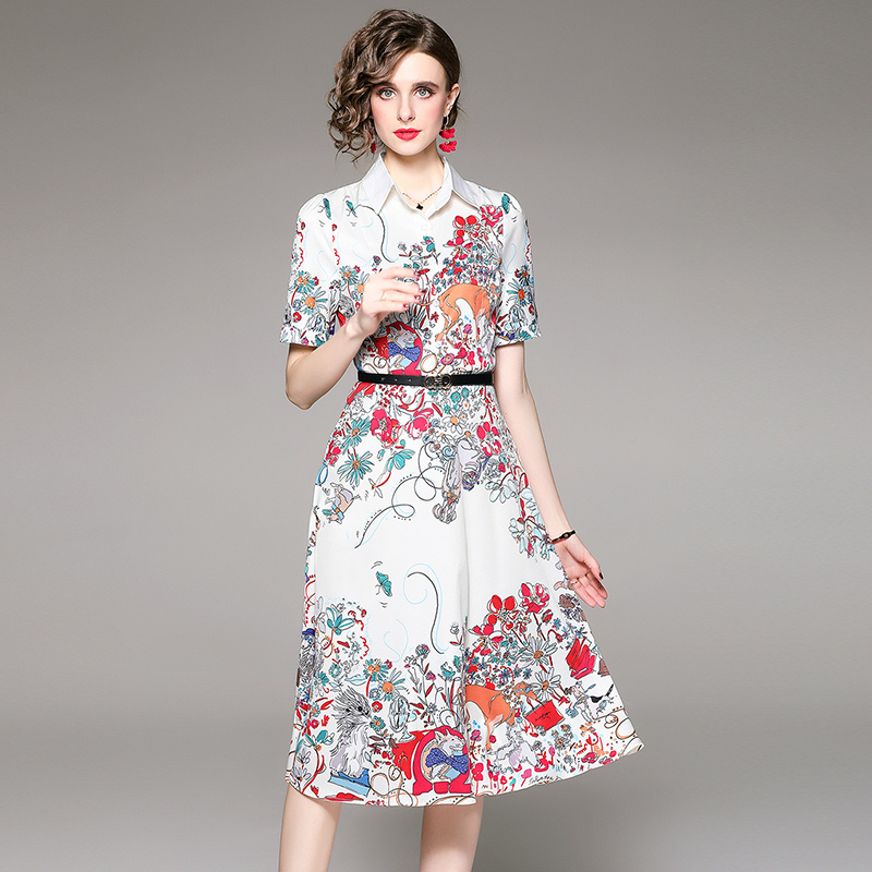 Pinched waist fashion all-match printing dress