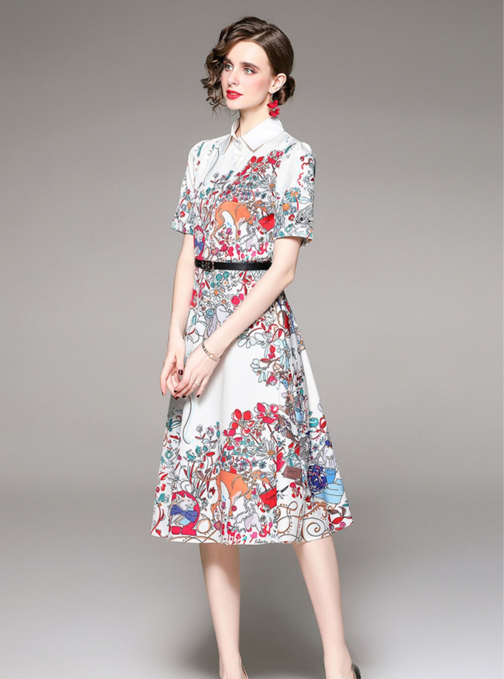 Pinched waist fashion all-match printing dress