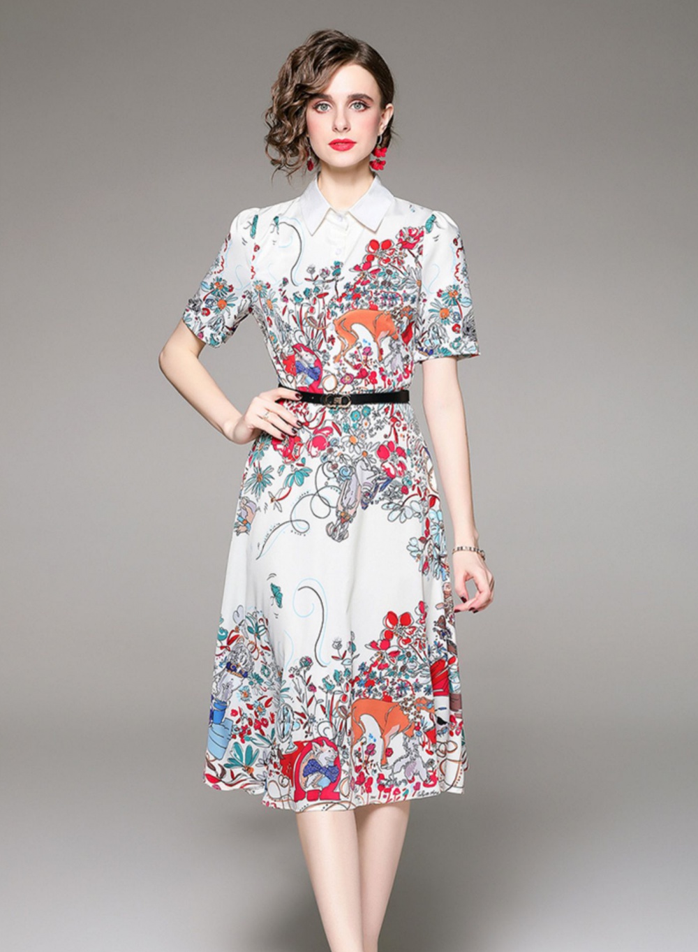 Pinched waist fashion all-match printing dress