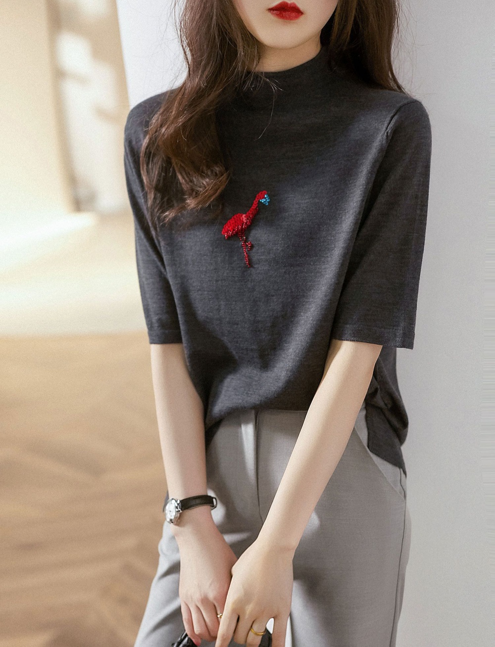 Embroidery thin tops short sleeve summer sweater for women