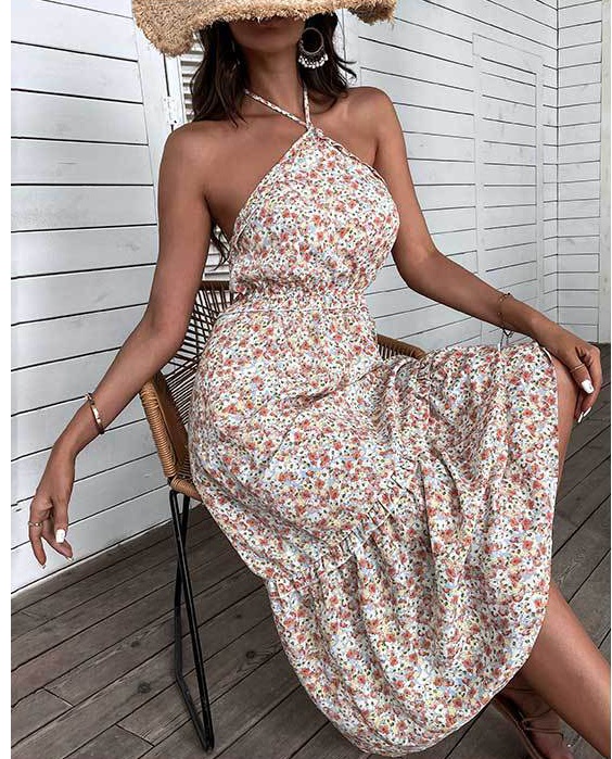 Sandy beach halter dress summer floral strap dress