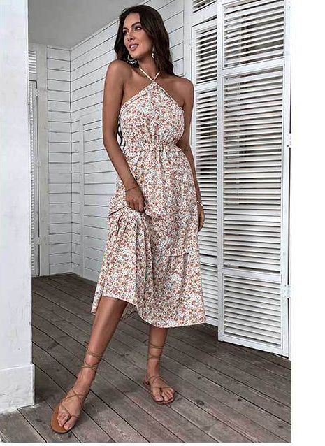 Sandy beach halter dress summer floral strap dress