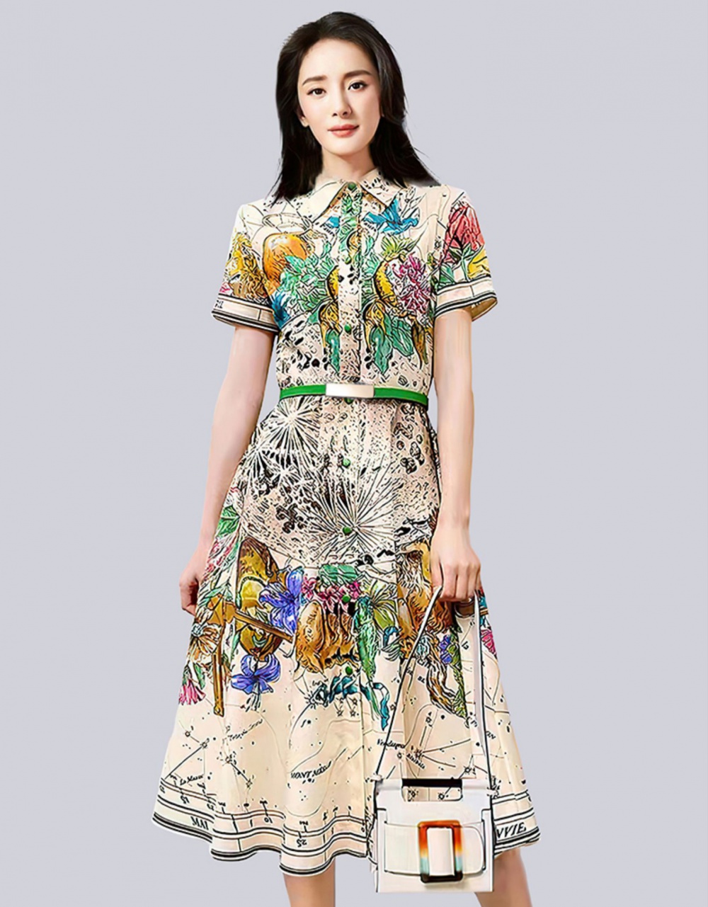 Short sleeve printing long dress