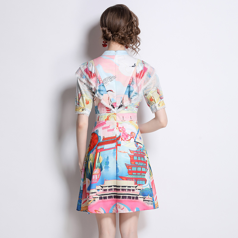 Pinched waist France style dress printing bow T-back