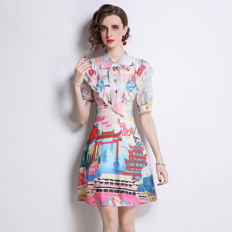 Pinched waist France style dress printing bow T-back
