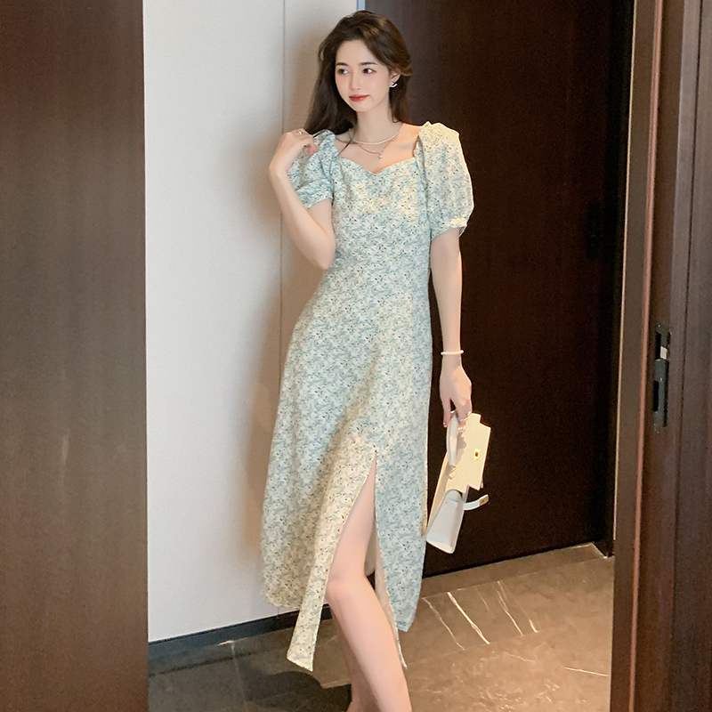 Split summer dress floral France style long dress for women