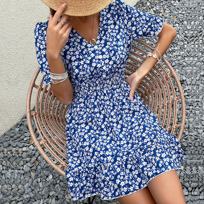 Floral V-neck European style retro dress for women