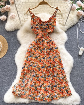 Pinched waist split summer dress retro floral strap dress