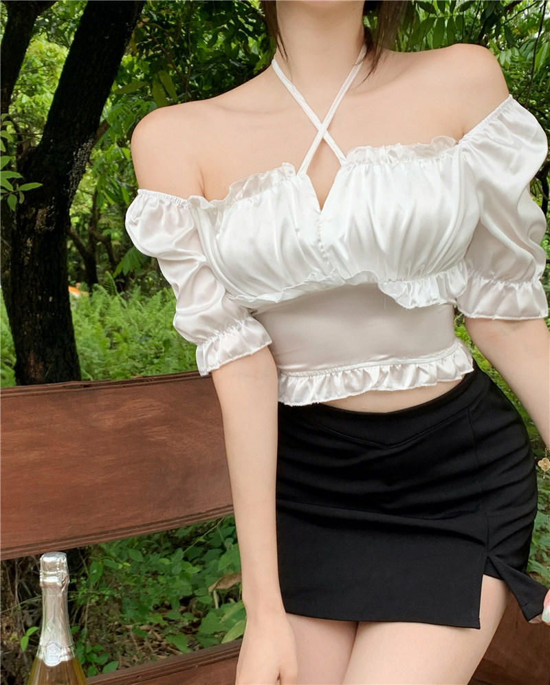 Square collar silky satin short sleeve tops for women