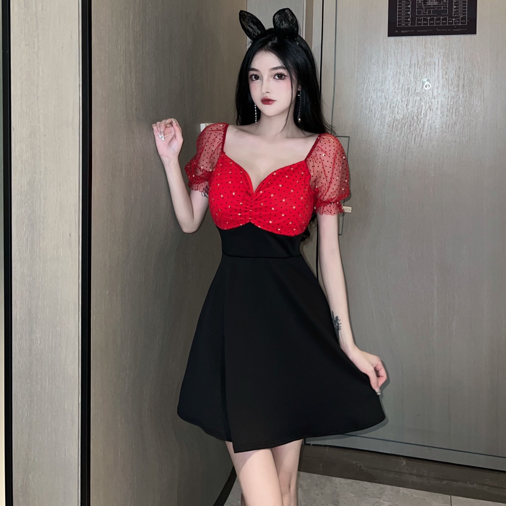 Fashion sexy slim splice low-cut dress