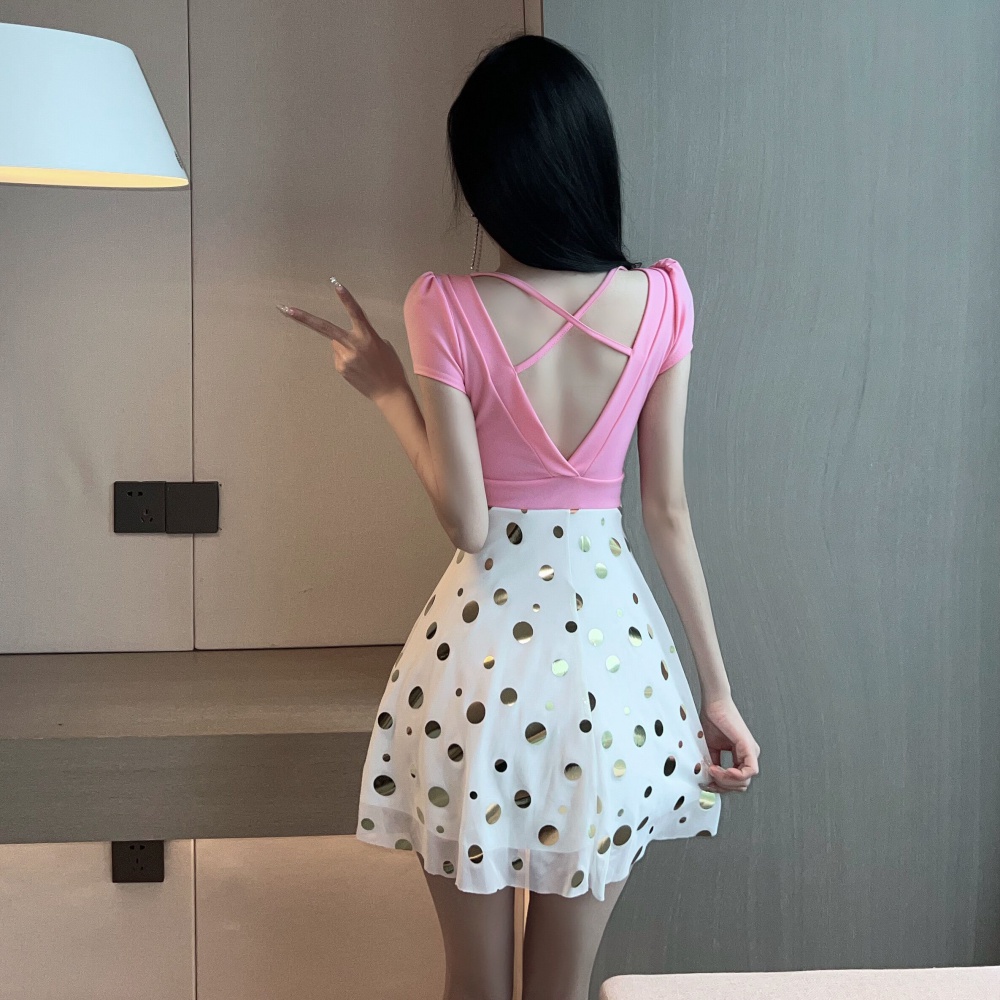 Splice short sleeve gauze low-cut sexy printing dress