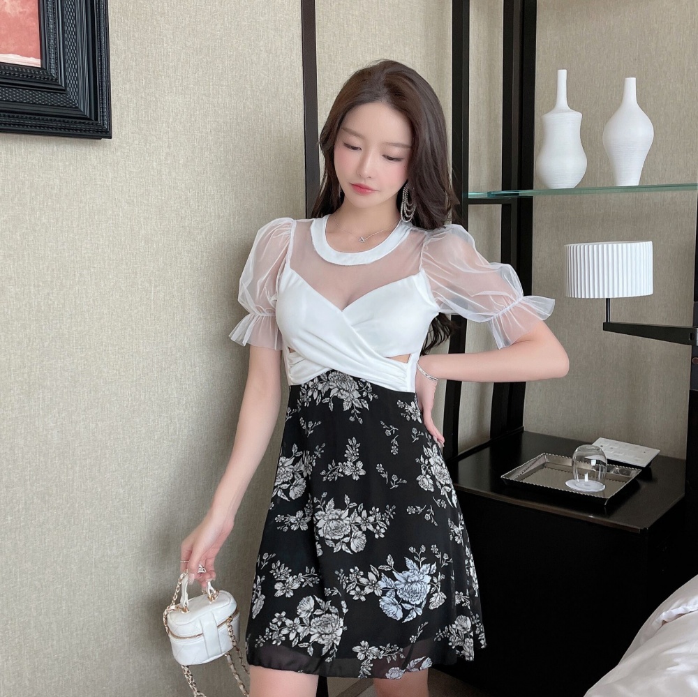 Gauze perspective round neck chiffon printing dress