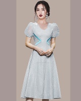 Peach heart collar lantern sleeve splice big skirt dress