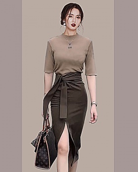 Split short sleeve skirt elegant high waist tops a set