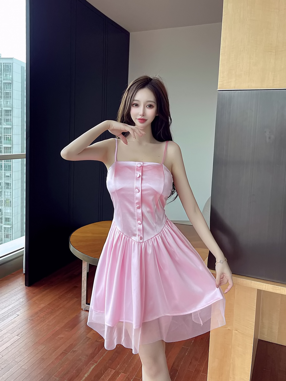 Sexy satin temperament flat shoulder beautiful dress