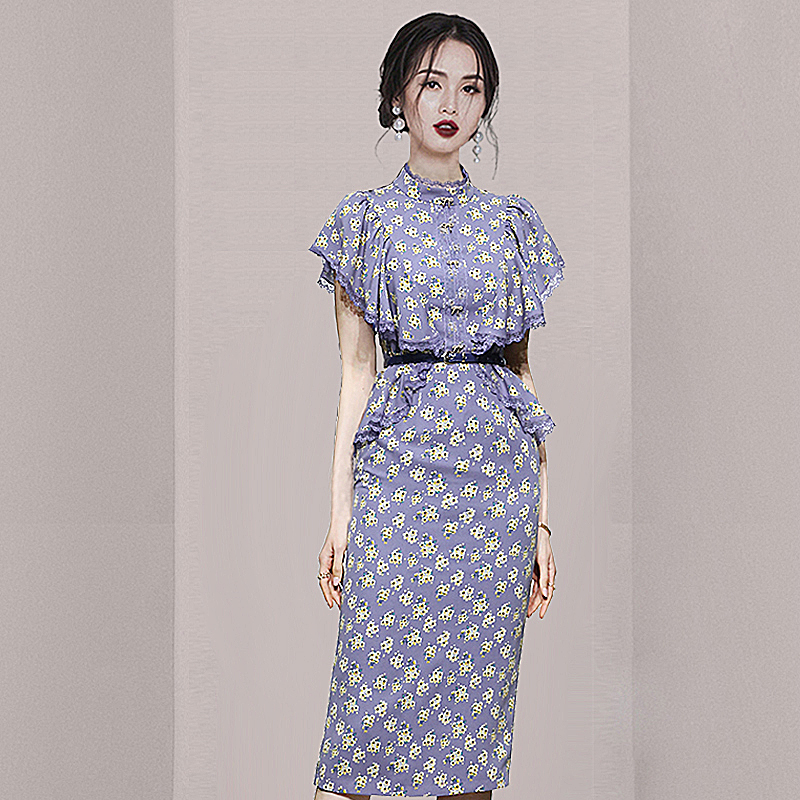 Slim Korean style chiffon floral retro dress