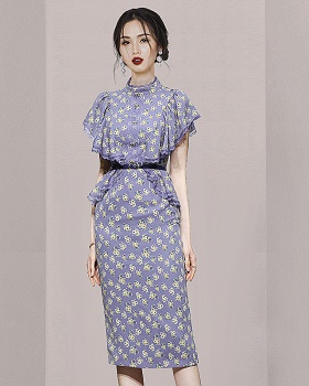 Slim Korean style chiffon floral retro dress