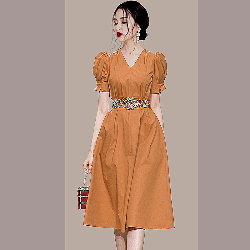 Puff sleeve V-neck big skirt all-match dress