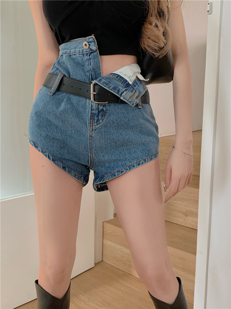 Spicegirl with belt flanging jeans slim summer shorts
