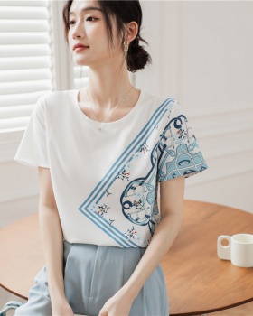Summer short sleeve tops round neck printing scarves for women