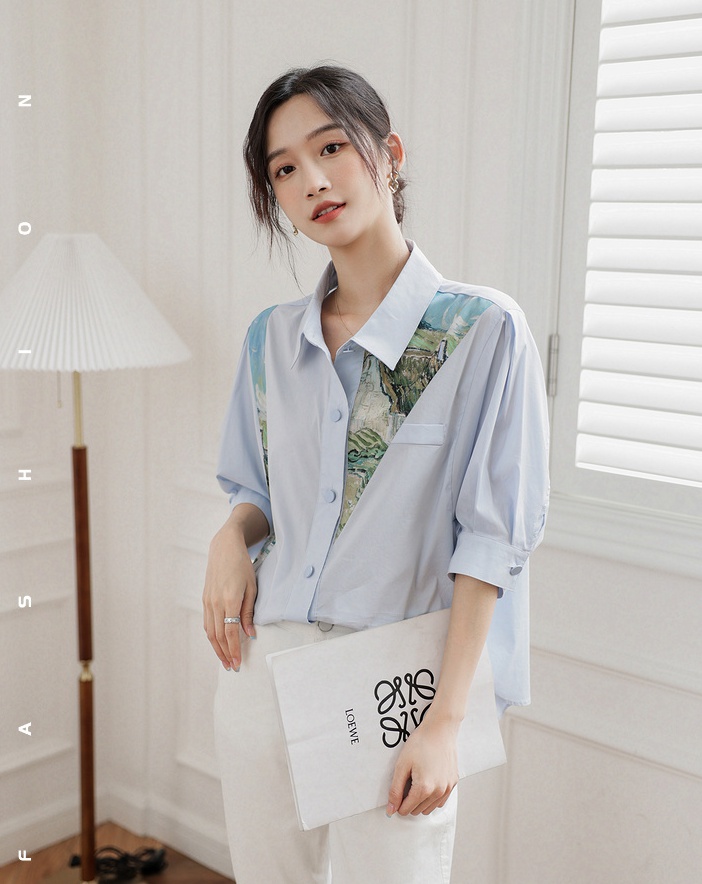 Summer blue tops short sleeve shirt for women