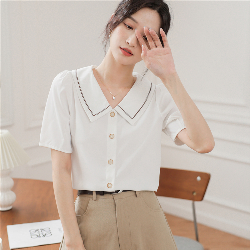 Embroidery chiffon shirt short sleeve tops for women